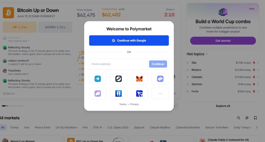 Polymarket account creation modal with Google, email, social, and wallet options