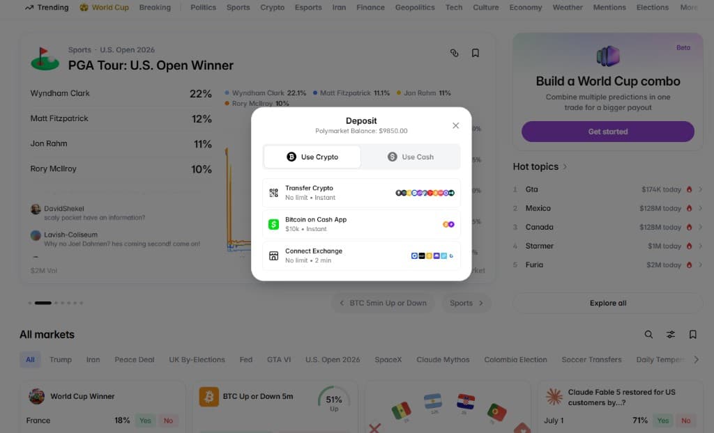 Polymarket deposit modal showing crypto deposit options