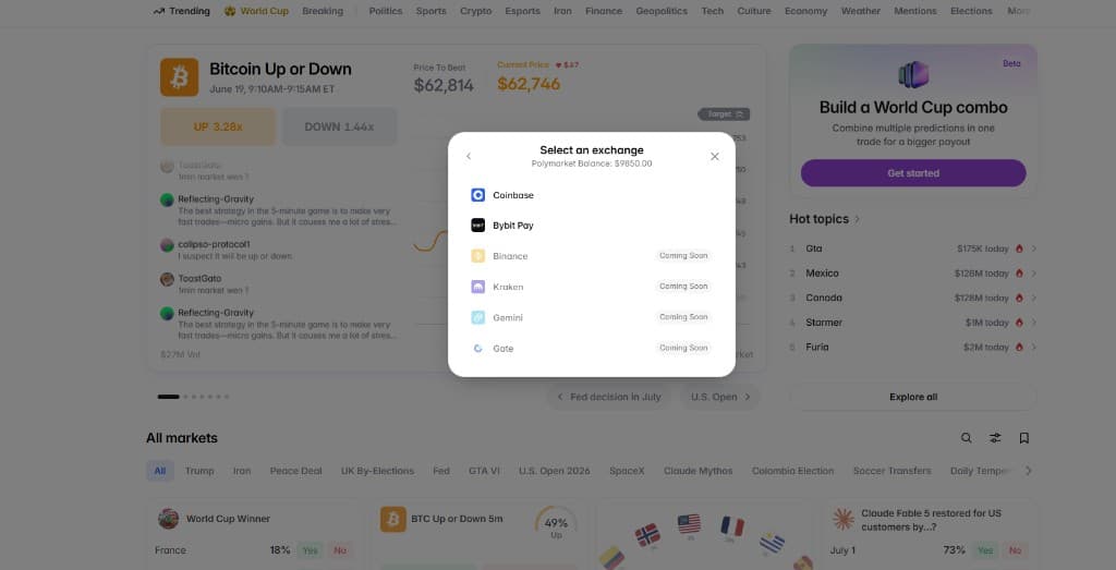 Polymarket exchange deposit selection modal